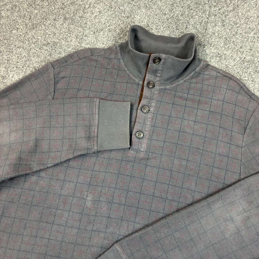 Roundtree & Yorke Mens Large Grey Windowpane Cotton Mock‎ Neck Button Pullover